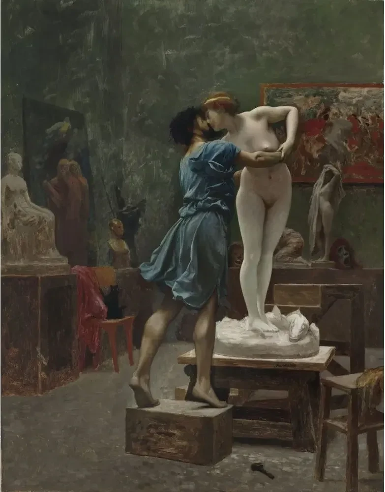 Pygmalion and Galatea by Jean-Léon Gérôme: the sculptor embraces his statue as she comes to life, still marble from the knees down.